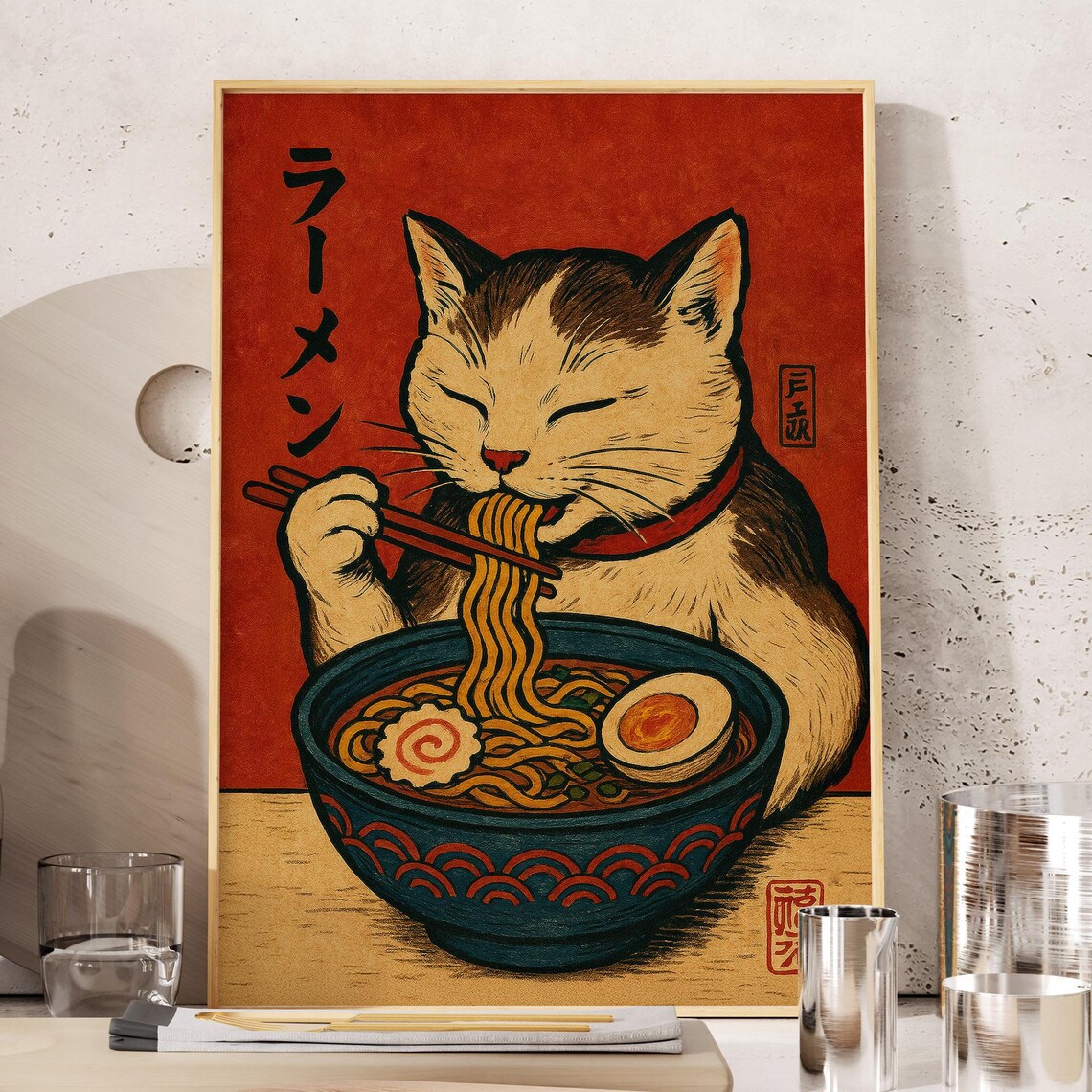 Retro Japanese Cat Eating Ramen Noodles Poster With Bold Red Background Art