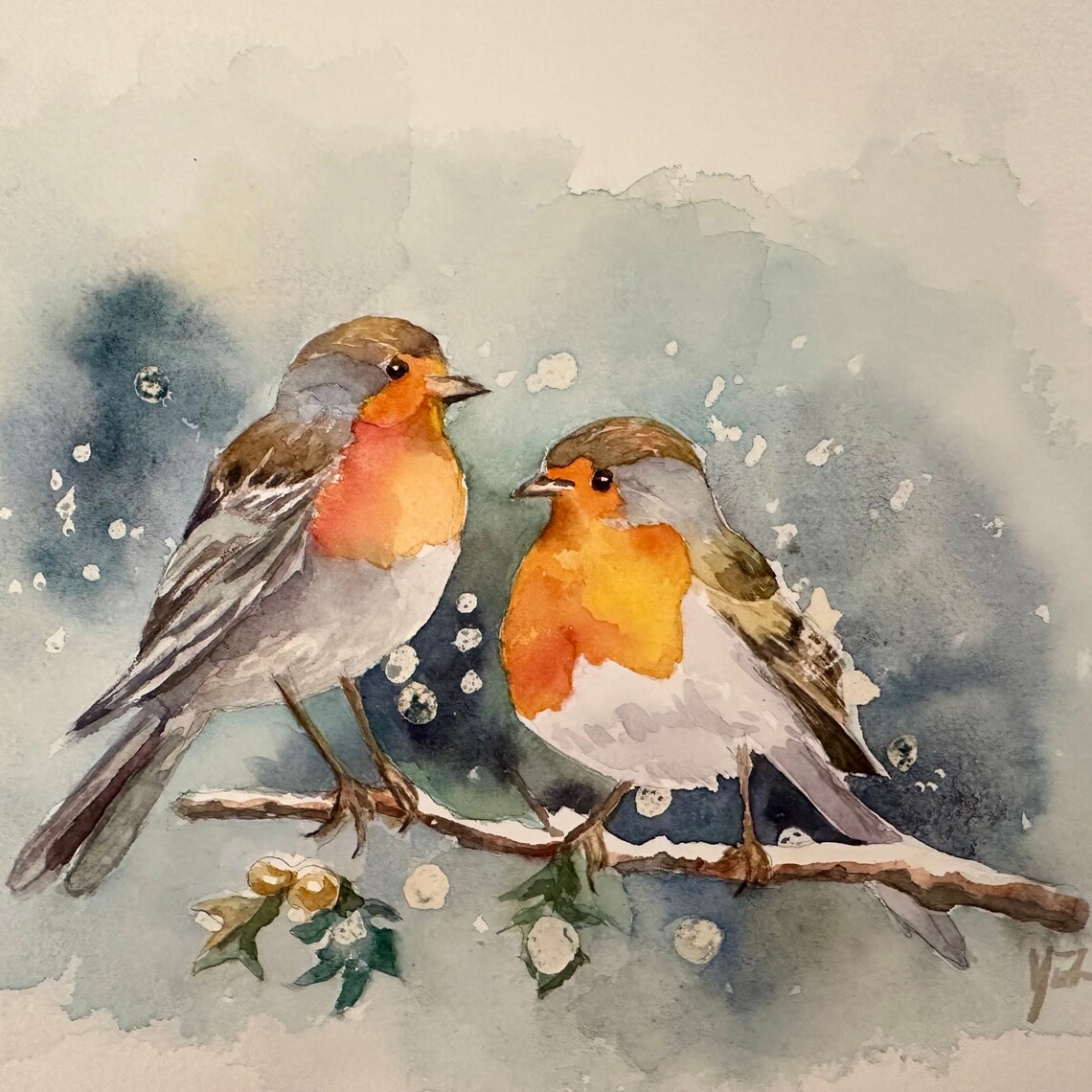 Pair of Robins in Winter Snow Watercolor Christmas Bird Poster - Image 7