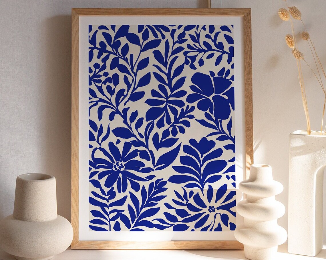 Cobalt Blue Botanical Floral Pattern Cream Minimalist Art Poster