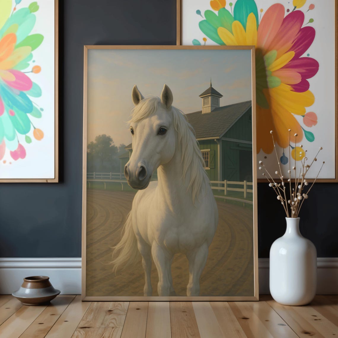 Majestic White Horse Paddock Barn Farm Animal Painting Wall Poster