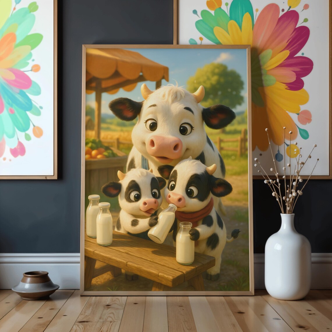 Mama Cow Baby Calves Nursery Wall Art Cute Farm Family Animals