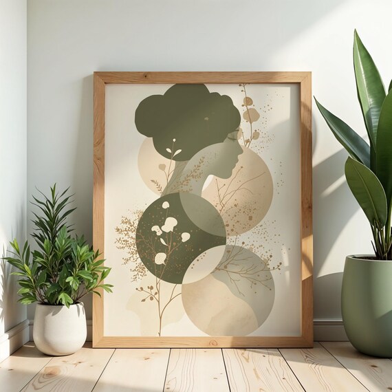 Botanical Woman Art Print Minimalist Earthy Green Decor