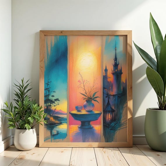 Fantasy Sunset Triptych Art Print Dreamy Castle Landscape