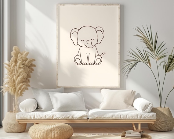 Baby Elephant Minimal Line Drawing Cute Nursery Kids Wall Art
