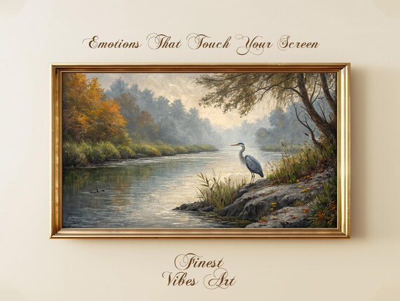 Vintage Heron Riverbank Misty Autumn Landscape Painting Print