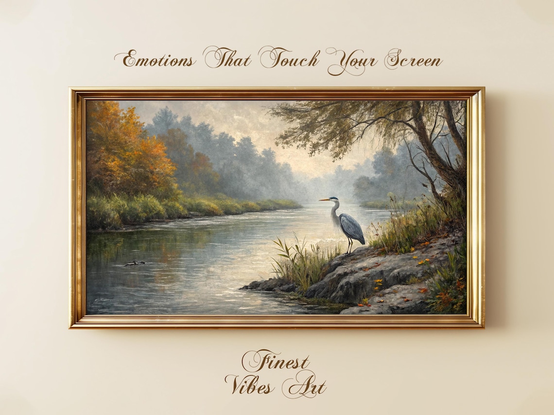 Vintage Heron Riverbank Misty Autumn Landscape Painting Print