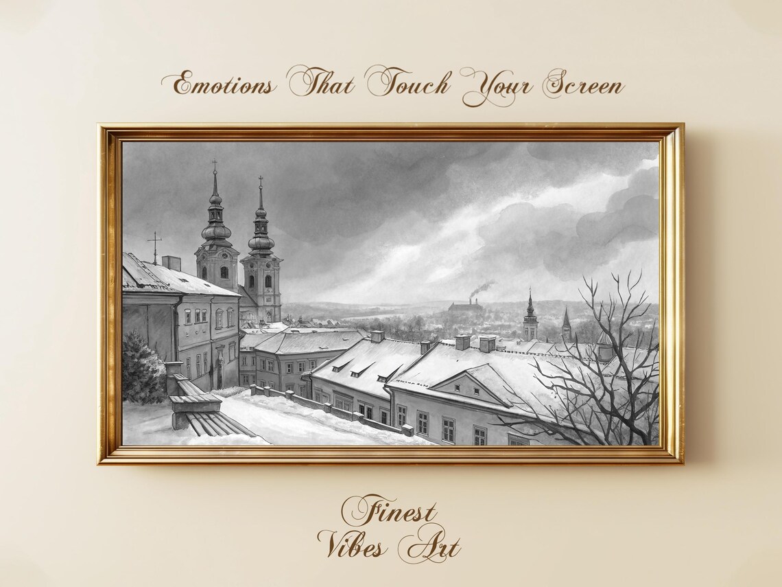 Snowy European Old Town Winter Watercolor Church Spires Poster