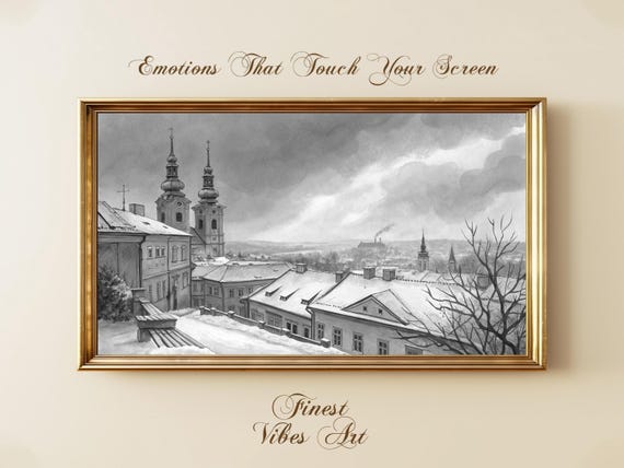 Black And White Winter Cityscape Art Snowy European Town Drawing Vintage Architecture Sketch