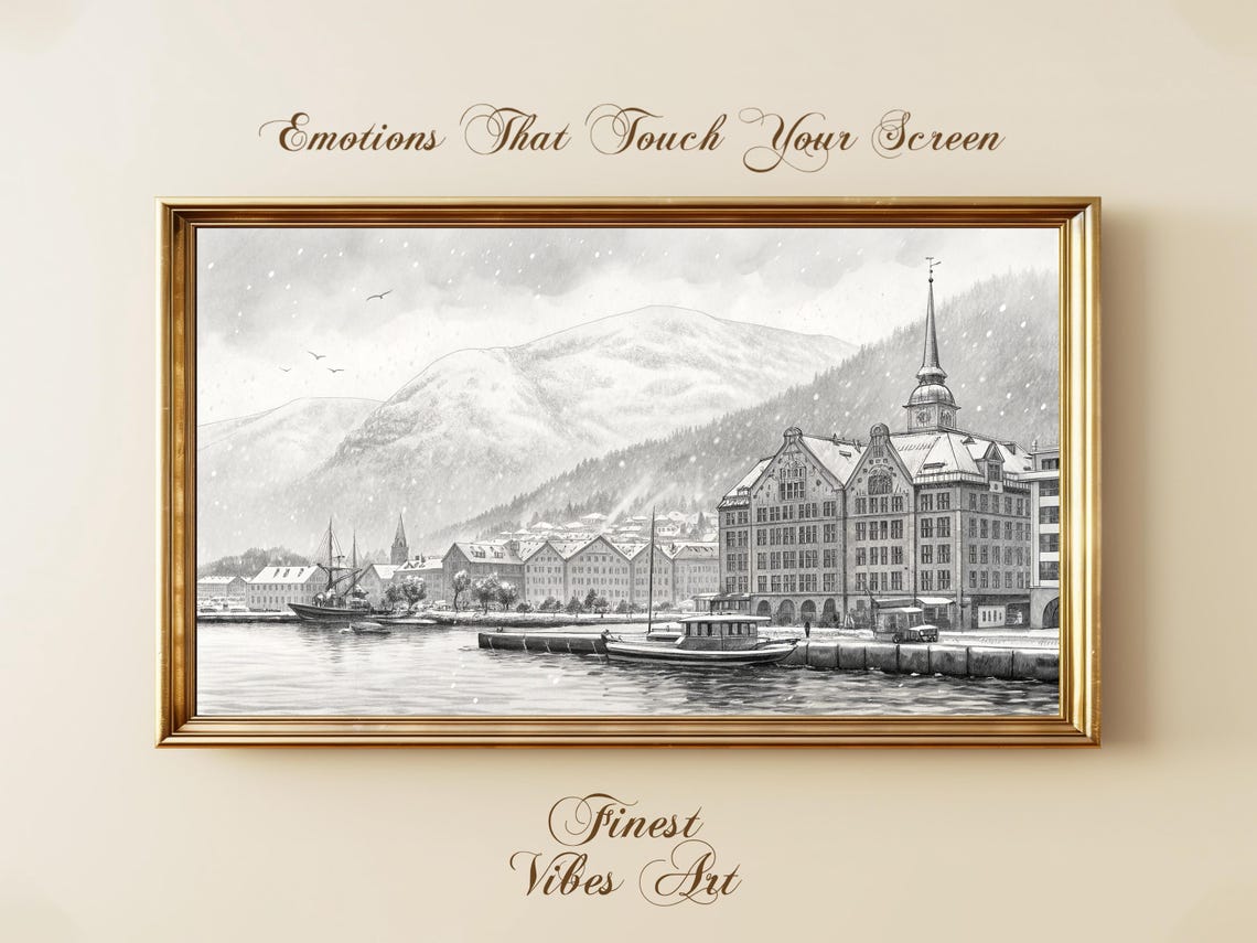 Snowy Nordic Harbor Cityscape Winter Mountains Vintage Waterfront Art Scandinavian Sketch Style