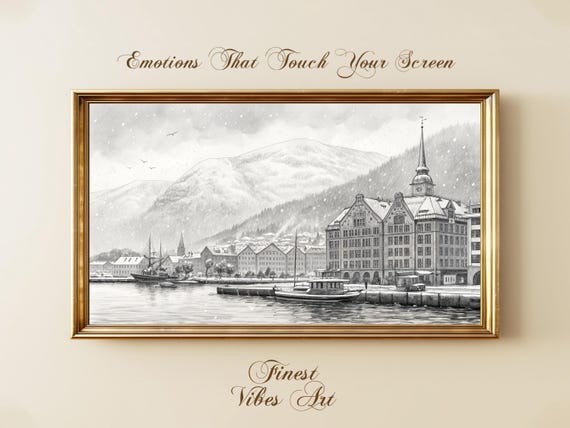 Snowy Nordic Harbor Cityscape Winter Mountains Vintage Waterfront Art Scandinavian Sketch Style