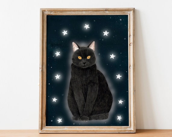 Black Cat and Stars Celestial Art Print