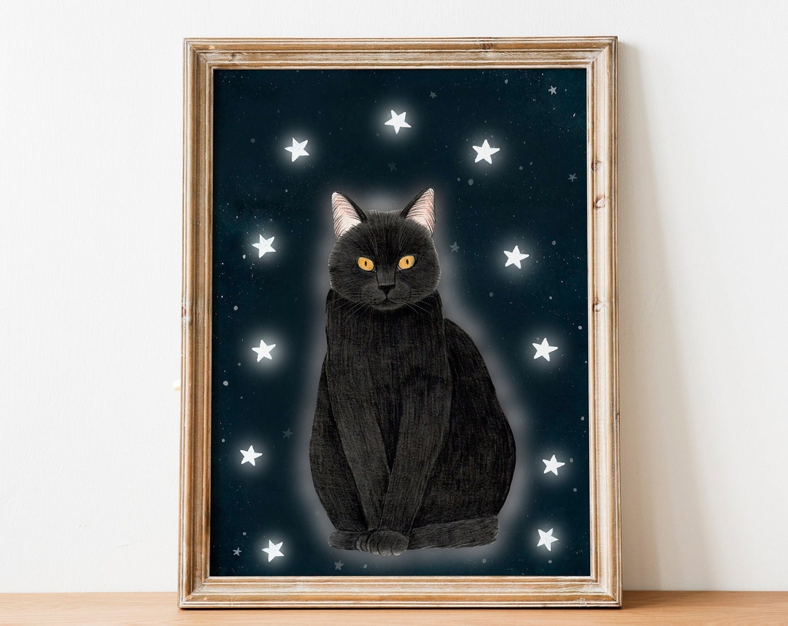 Black Cat and Stars Celestial Art Print