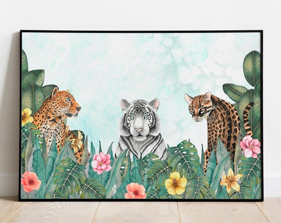 Tiger Jungle Illustration Art Print, Tropical Safari