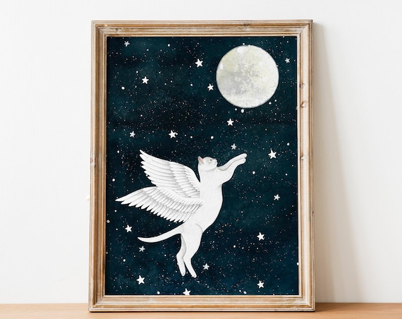 Cat Angel Moon Art Print, Nursery Wall Decor