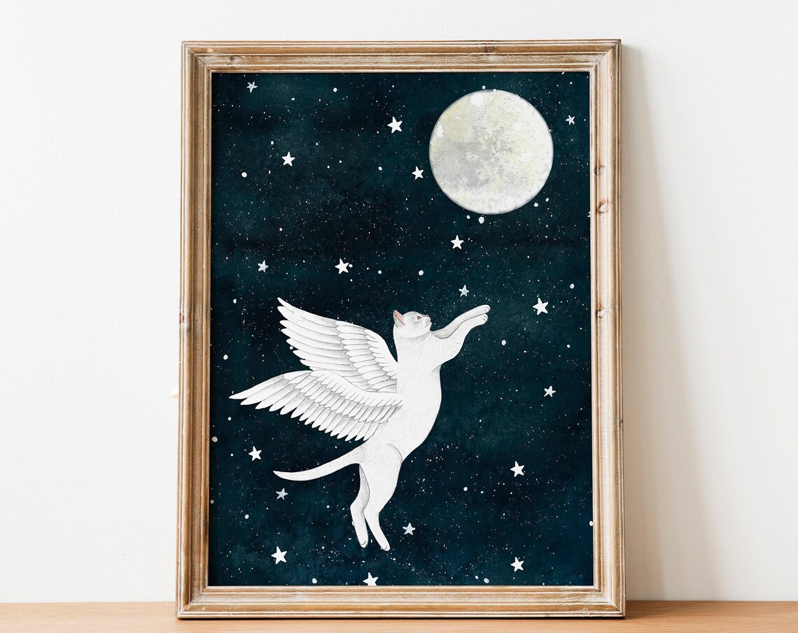 Cat Angel Moon Art Print, Nursery Wall Decor