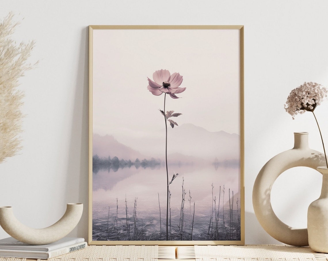 Bedroom Decor Scandi Botanical Poster Pink Flower Minimalist Art Print Nature Pastel Landscape Wall Relaxation