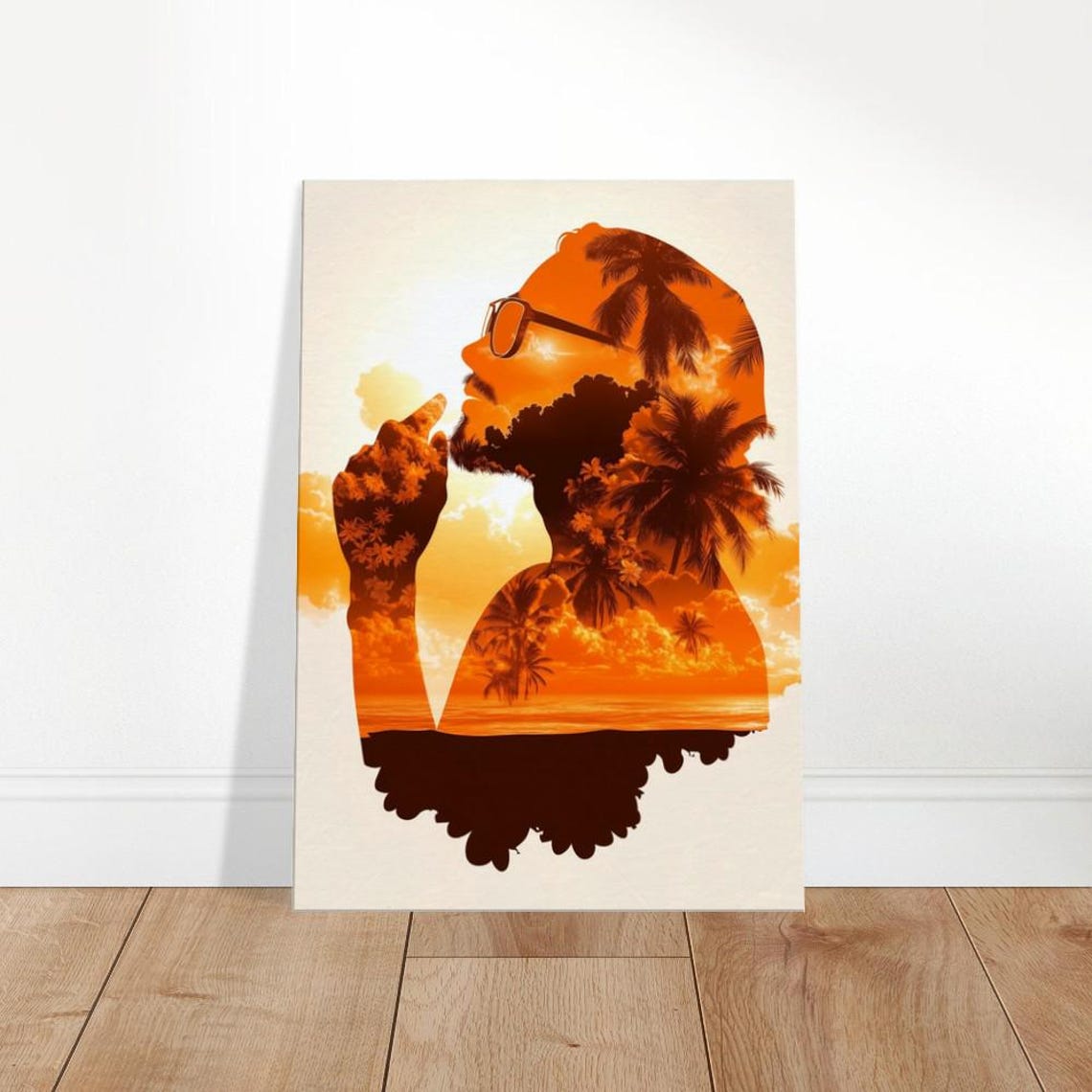Tropical Sunset Double Exposure Man Silhouette Palm Trees Art Print