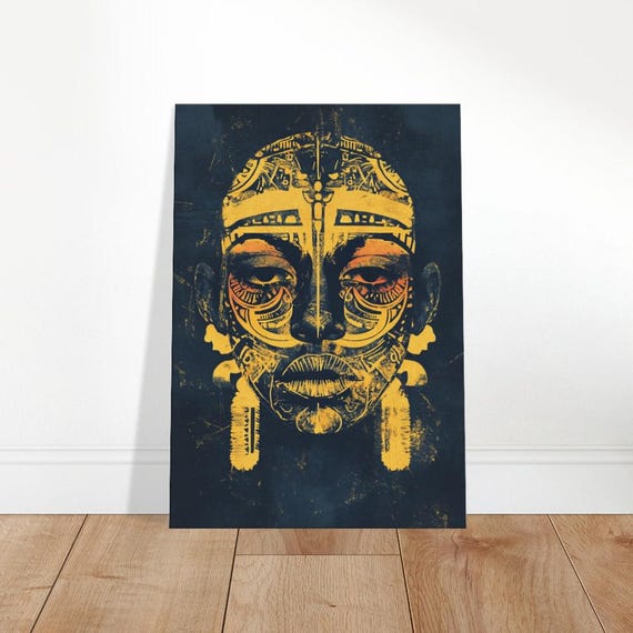 Ancient Echoes Tribal Art Canvas World Cultures Wall Decor Gold Indigo Indigenous Portrait Global Heritage Home