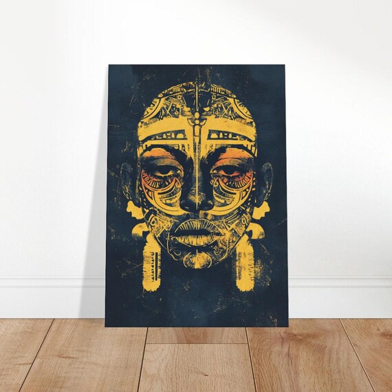 Gold Indigo Tribal Mask Face Ancient Echoes Ethnic Portrait Art Print