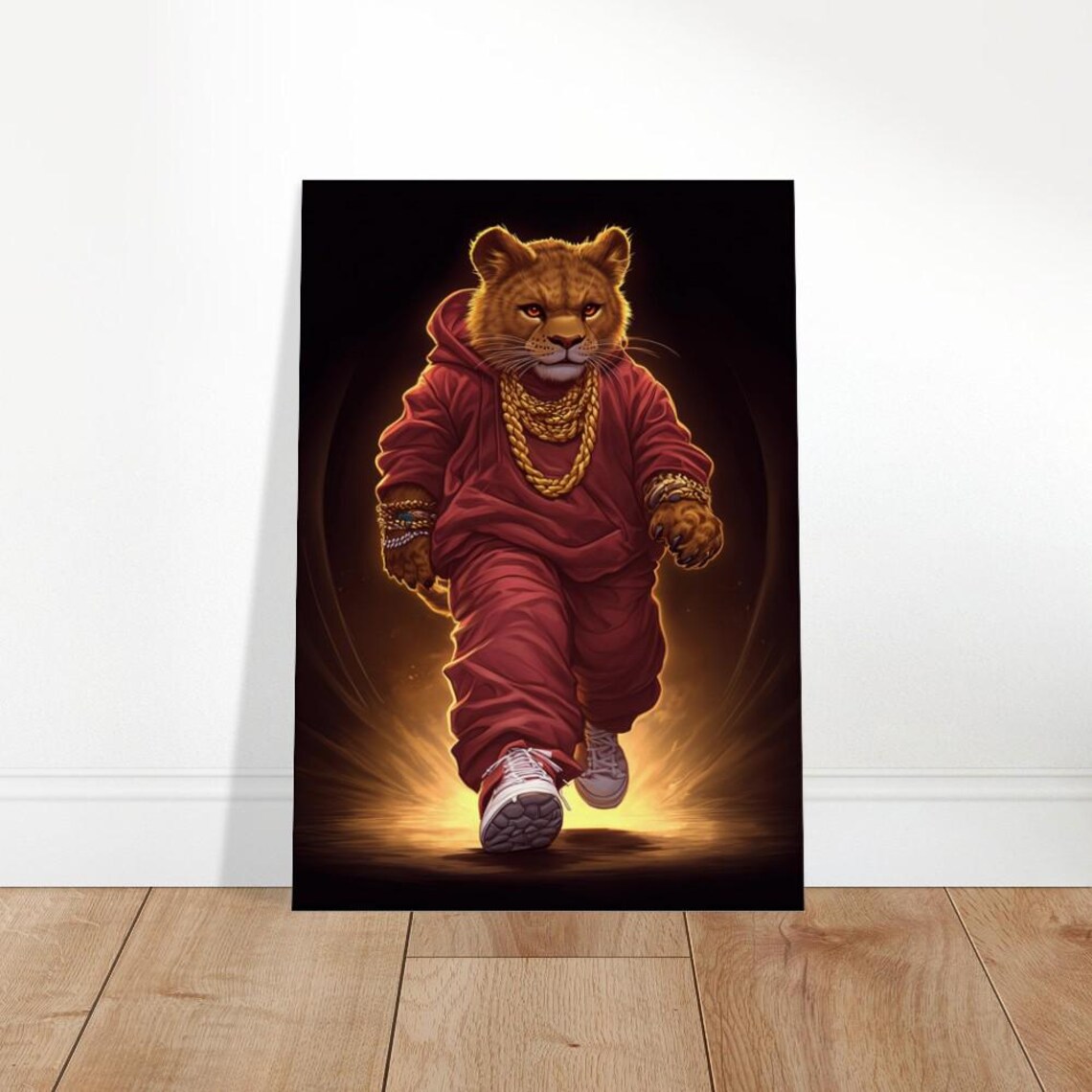 Lion Cub In Red Hoodie Gold Chains Hip Hop Streetwear Wall Art