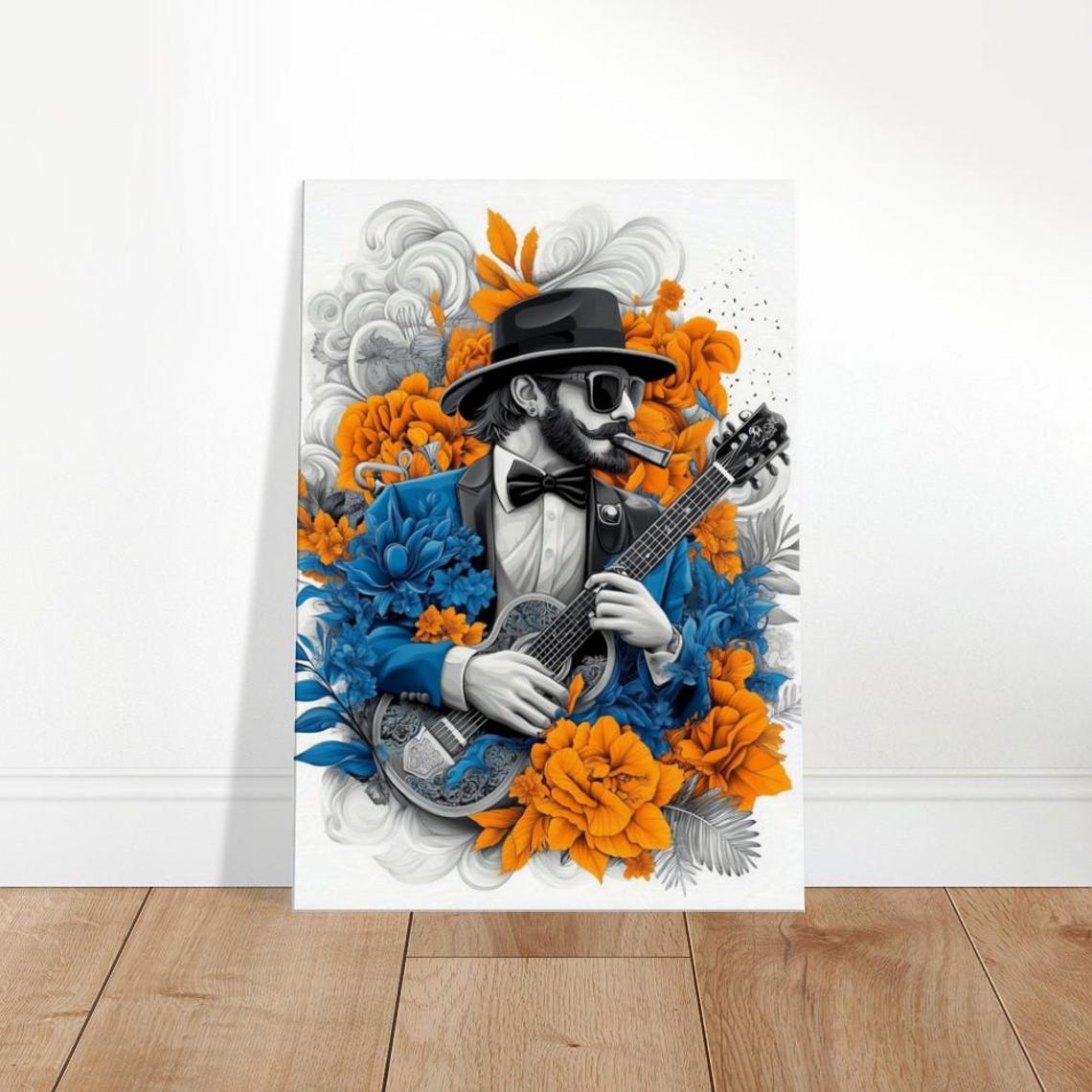 Jazz Musician Guitar Player Bold Floral Boho Portrait Art Poster