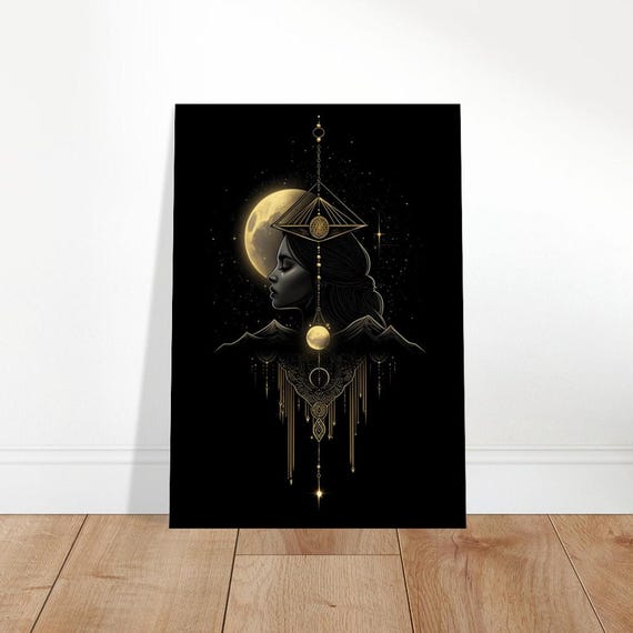 Celestial Divinity Canvas Art Lunar Goddess Wall Decor Mystic Renaissance Portrait Gold Black Home