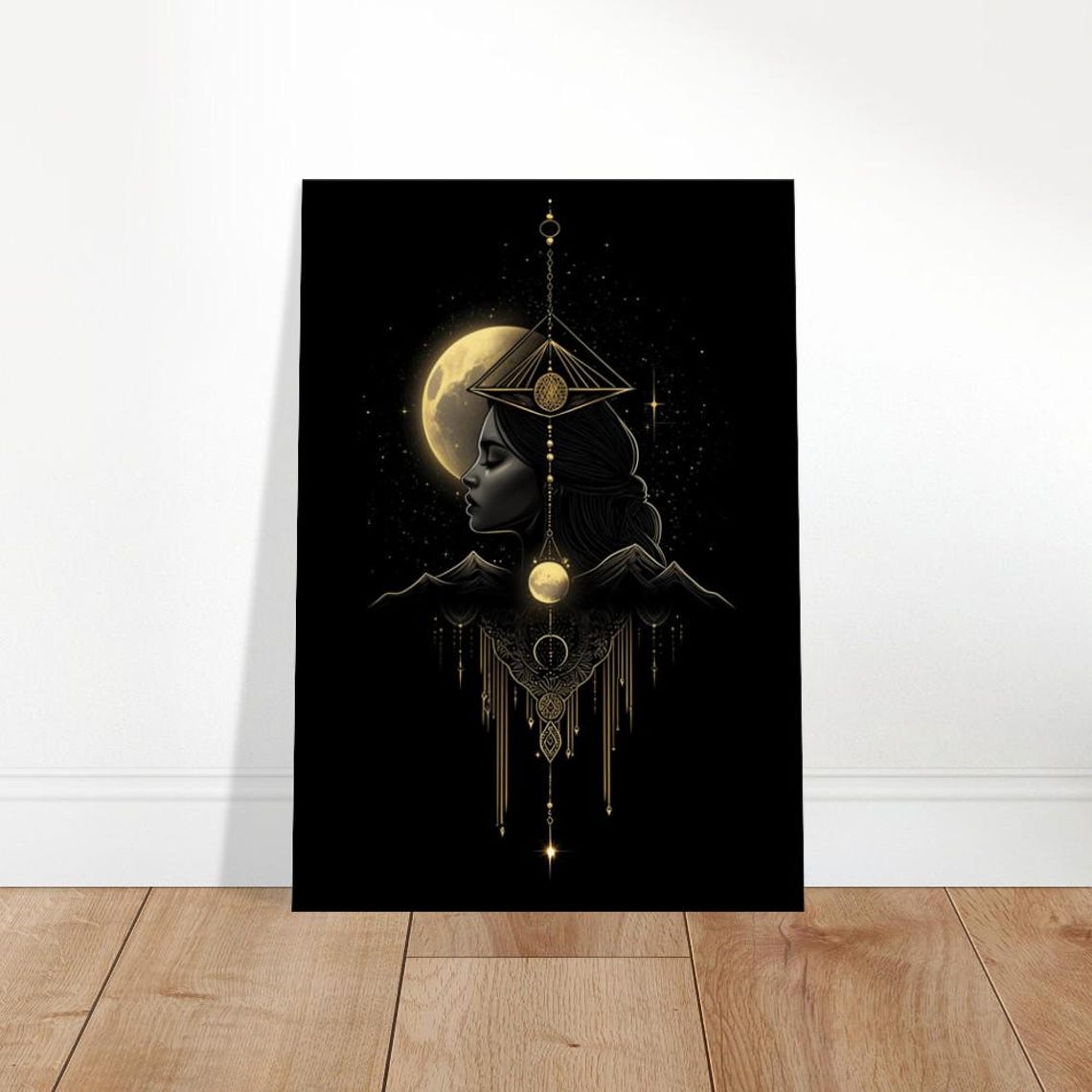 Celestial Divinity Canvas Art Lunar Goddess Wall Decor Mystic Renaissance Portrait Gold Black Home