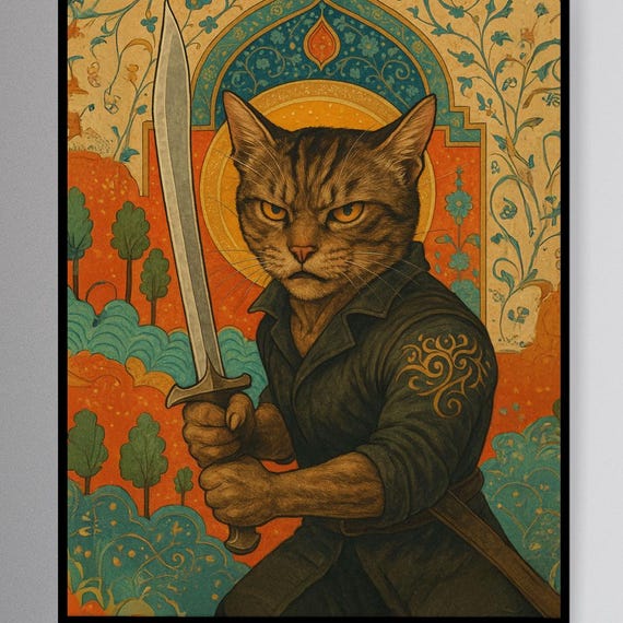 Warrior Cat Medieval Wall Art Mythic Feline Sword Fighter Illustration Fantasy Poster For Unique Home Decor