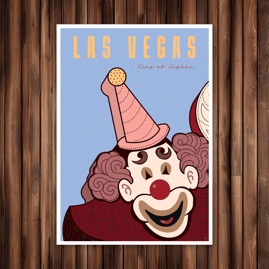 Las Vegas City of Lights Vintage Circus Clown Retro Travel Poster