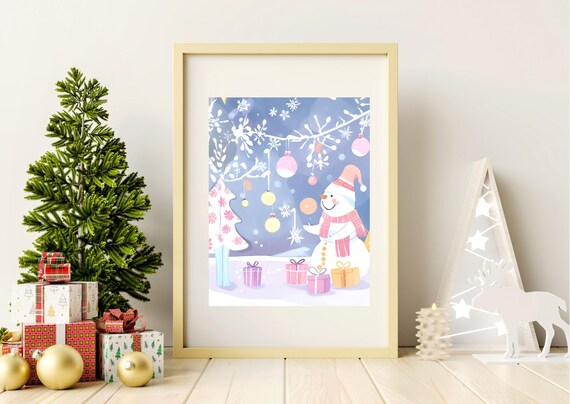 Cute Pastel Snowman With Gifts Under Ornament Garland Poster