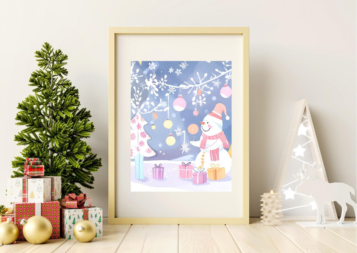 Cute Pastel Snowman With Gifts Under Ornament Garland Poster
