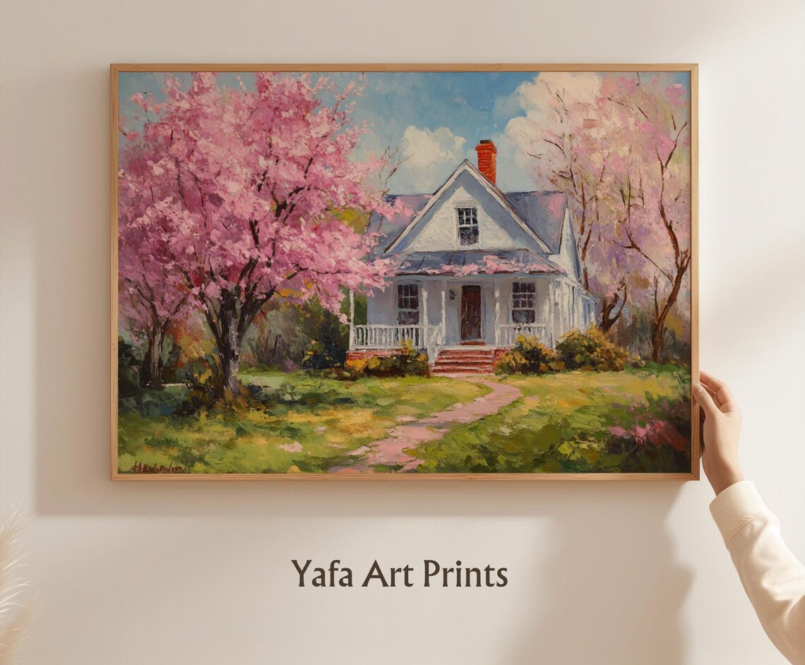 Spring Cottage Pink Cherry Blossoms Porch Oil Painting Wall Poster