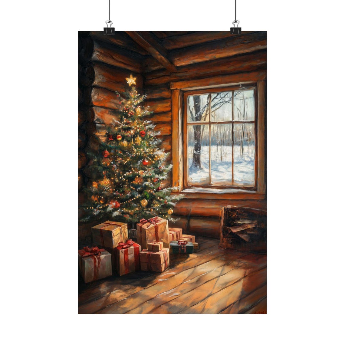 Cozy Christmas Cabin Interior Lit Tree Gifts Snowy Window Poster - Image 2
