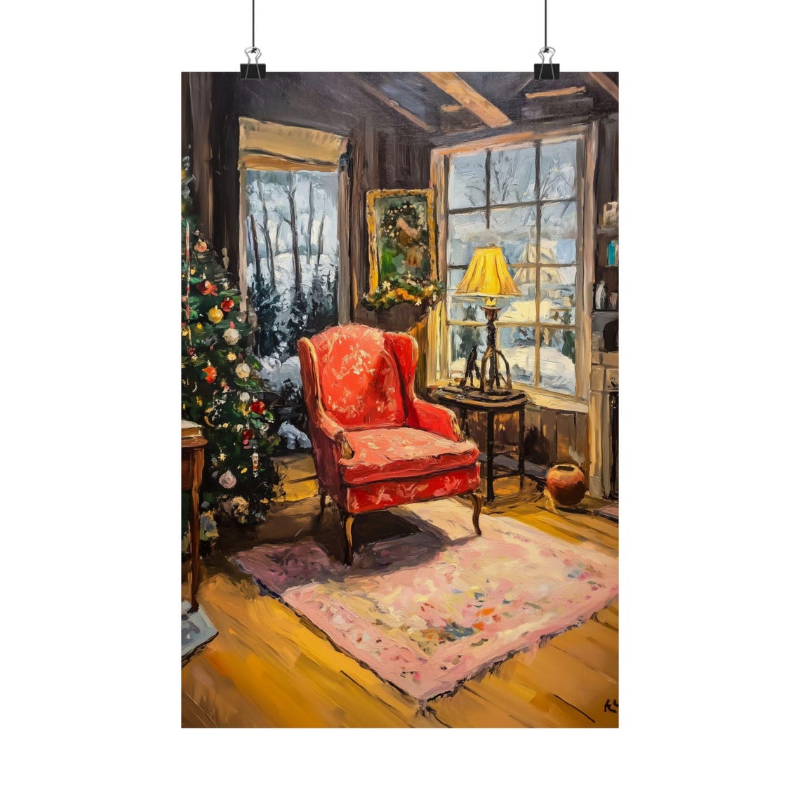 Cozy Christmas Interior Red Armchair Painting Holiday Poster - Image 2