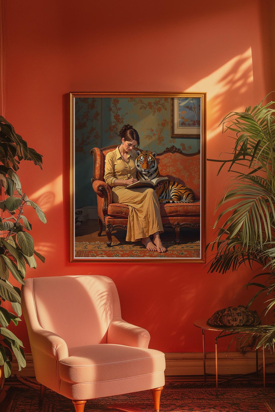 Woman Reading Book With Tiger Elegant Vintage Sofa Portrait Wall Art - Image 2