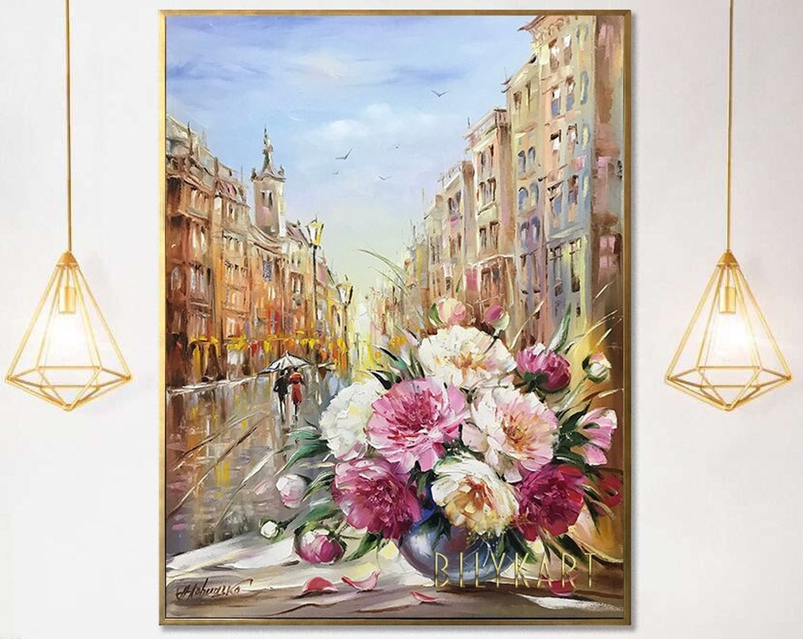 Peonies Bouquet By Rainy City Window Still Life Impasto Art Poster - Image 3