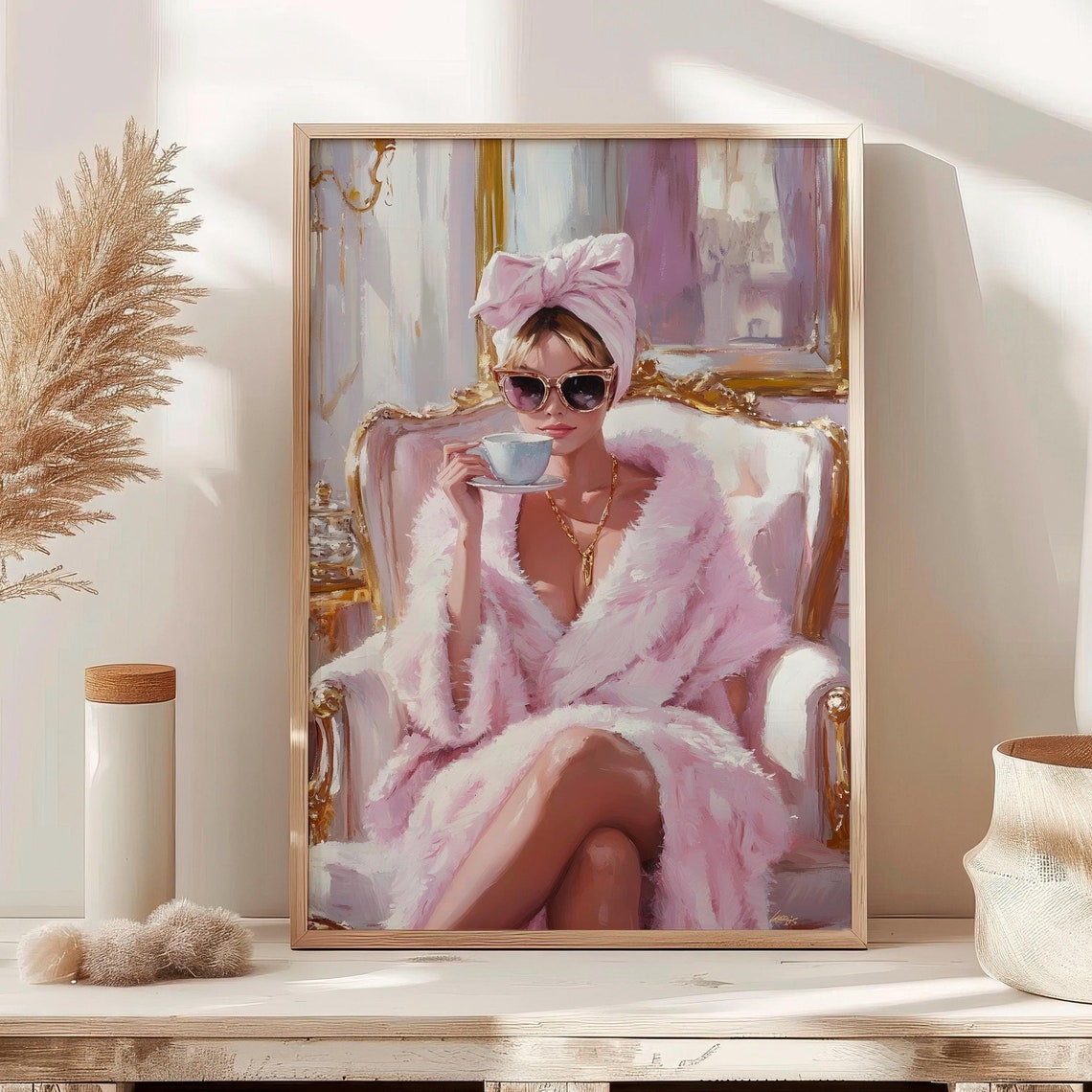 Glamorous Pink Robe Woman With Teacup Luxury Chic Art Poster