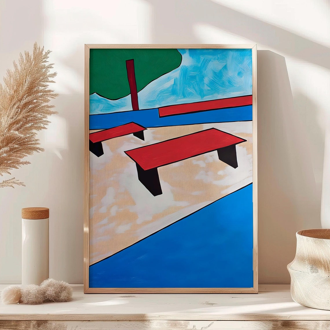 Abstract Red Benches By The Sea Geometric Coastal Art Poster