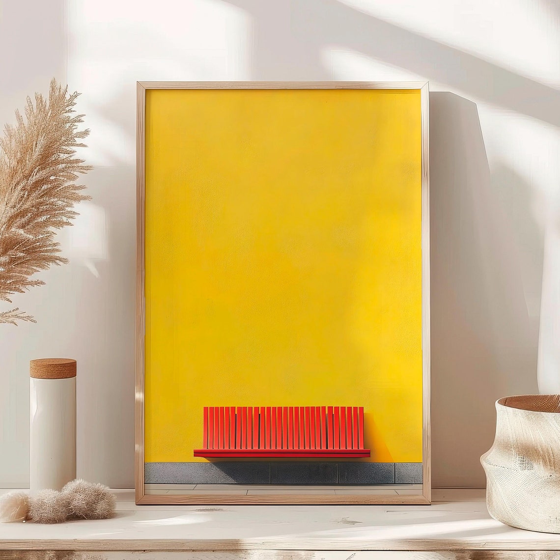 Red Bench Yellow Wall Minimalist Street Photography Art Poster