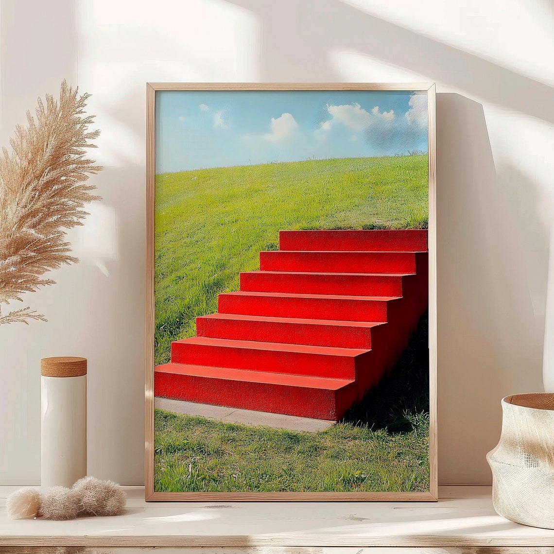 Bold Red Staircase Up Green Hill Minimalist Surreal Photo Poster