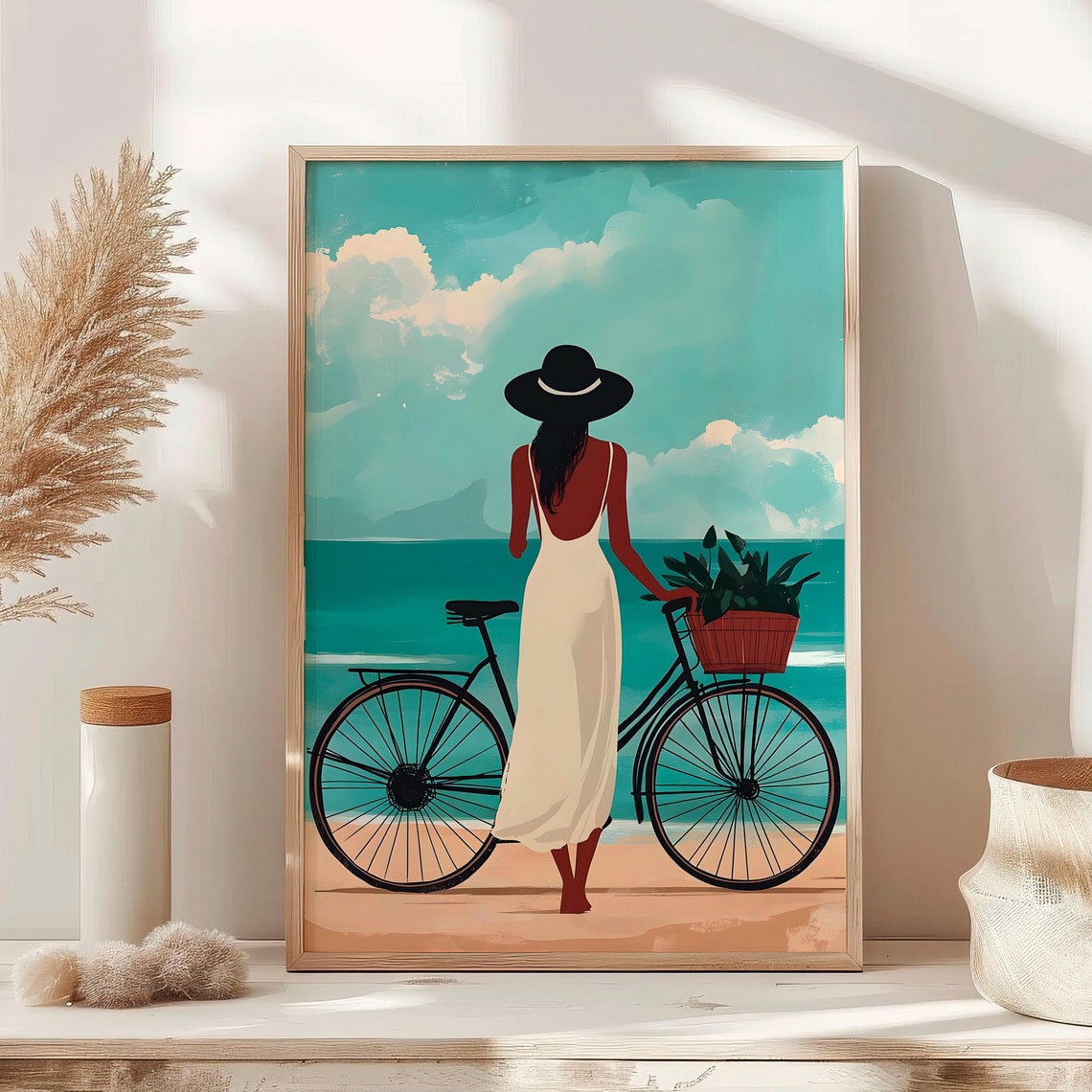 Woman With Bicycle At Tropical Beach Summer Coastal Art Poster
