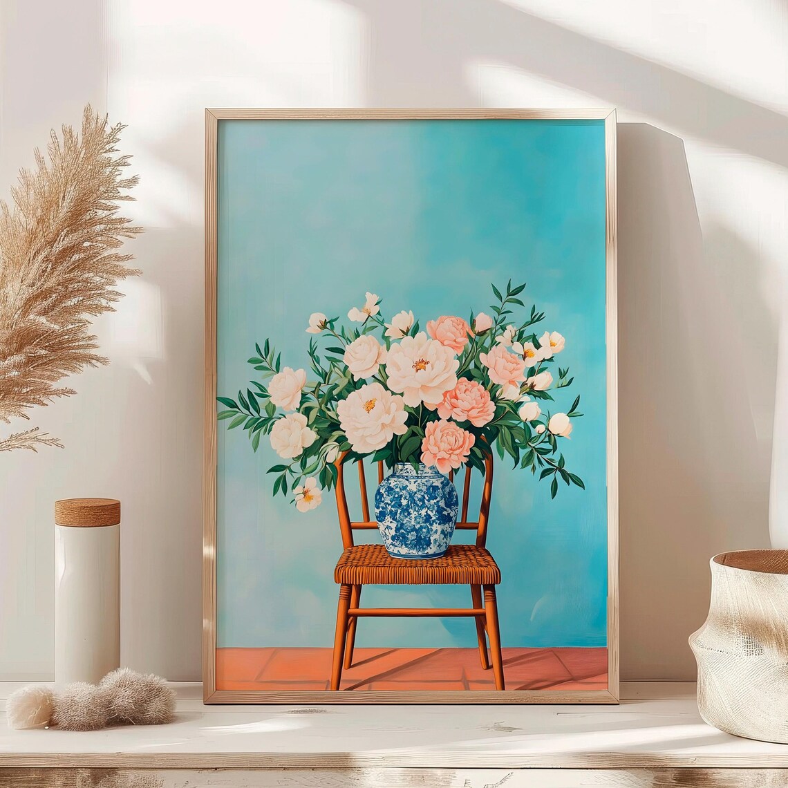 Peonies Vase Blue White Porcelain Chair Floral Still Life Poster - Image 2