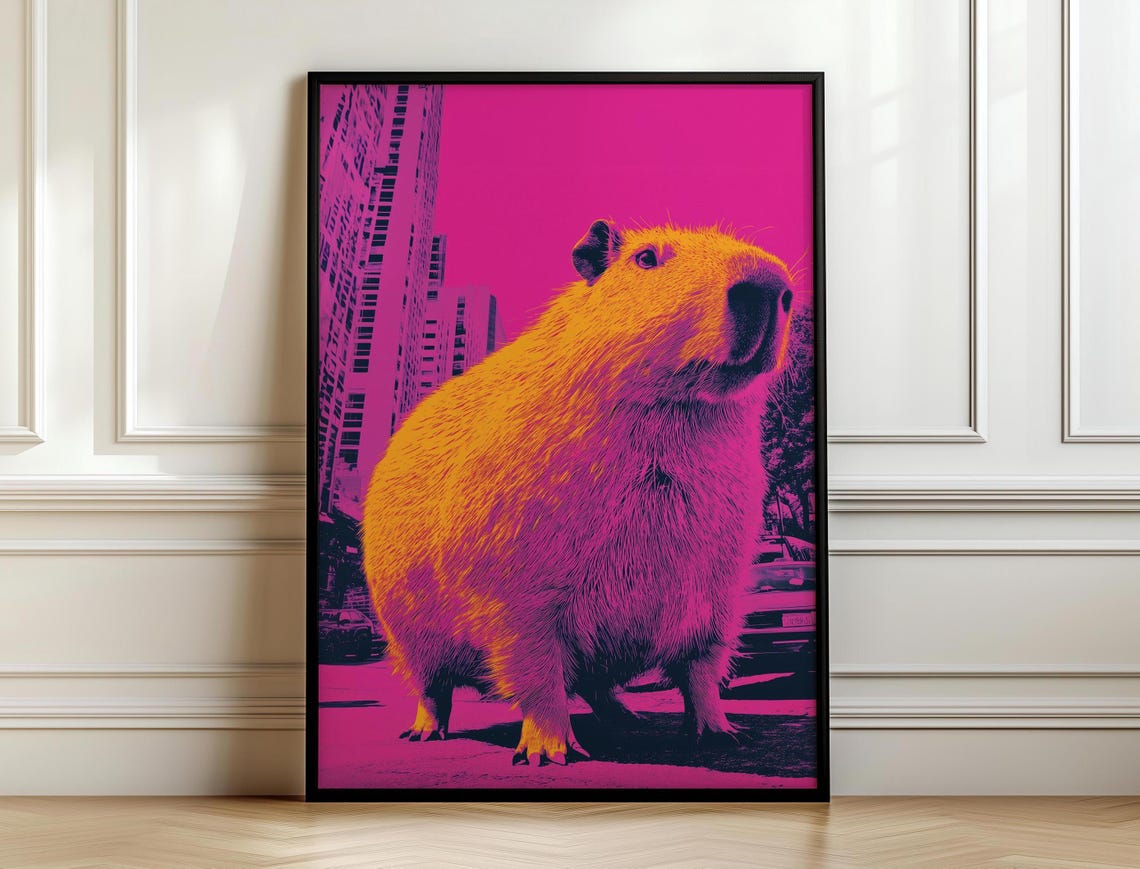 Magenta Orange Capybara Close-Up City Background Pop Art Poster