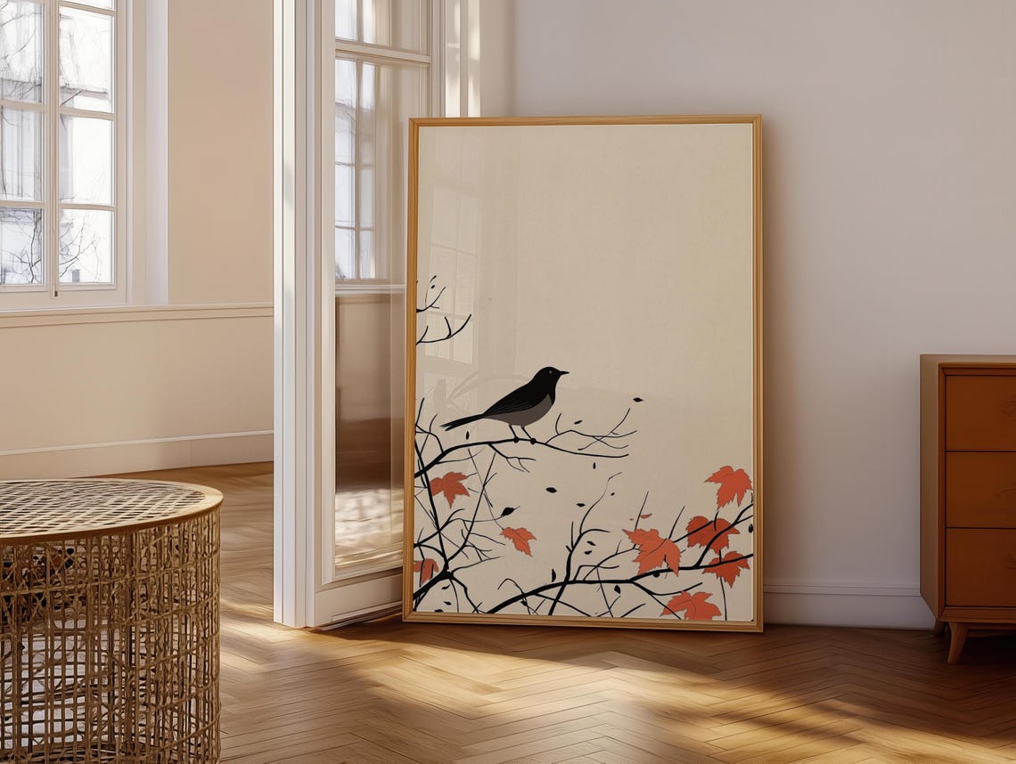 Minimalist Blackbird on Branch Japandi Style Autumn Art Poster - Image 6