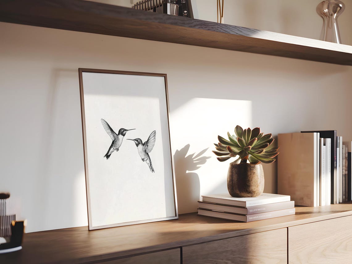 Pair of Hummingbirds in Flight Monochrome Line Drawing Art Poster - Image 5