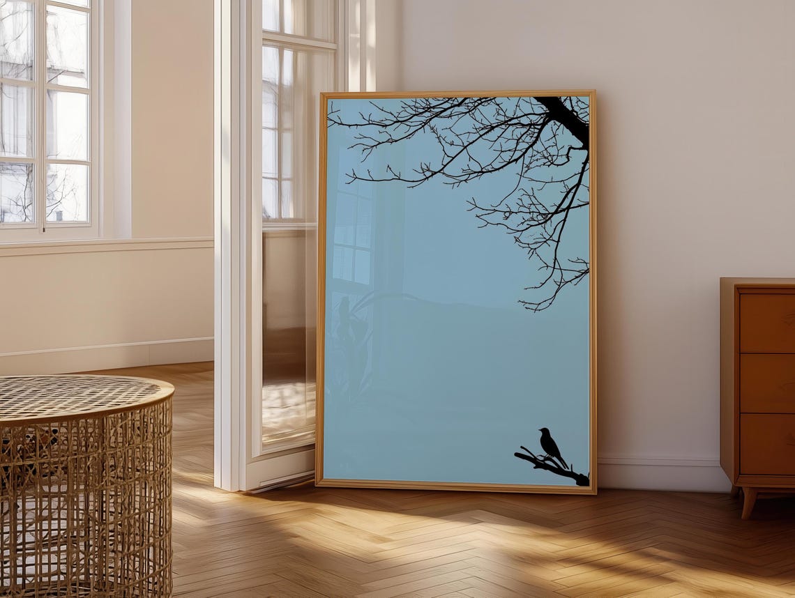 Black Bird Silhouette Bare Branch Light Blue Sky Minimal Poster - Image 6