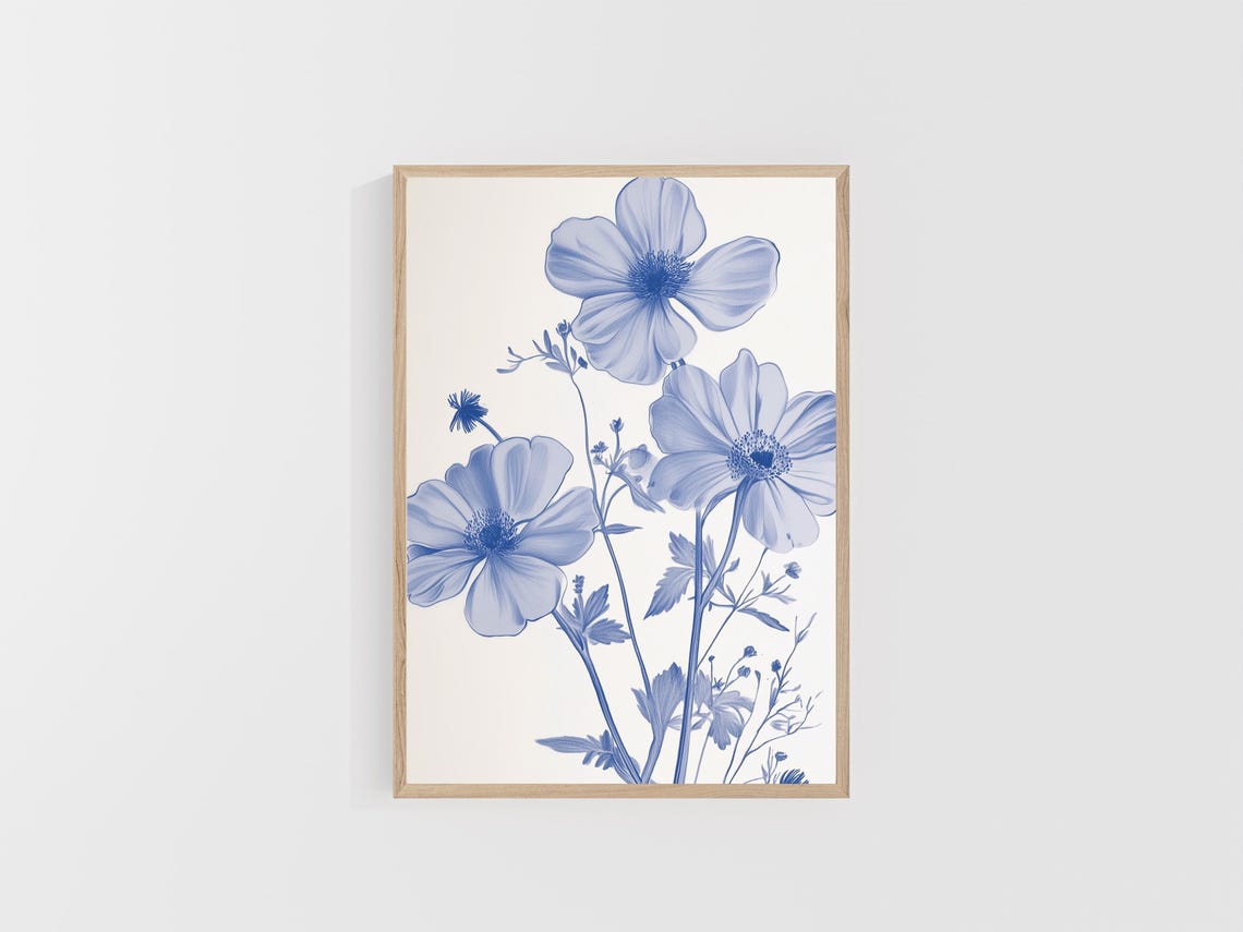 Blue Cosmos Flowers Watercolor Botanical Minimalist Floral Poster - Image 4