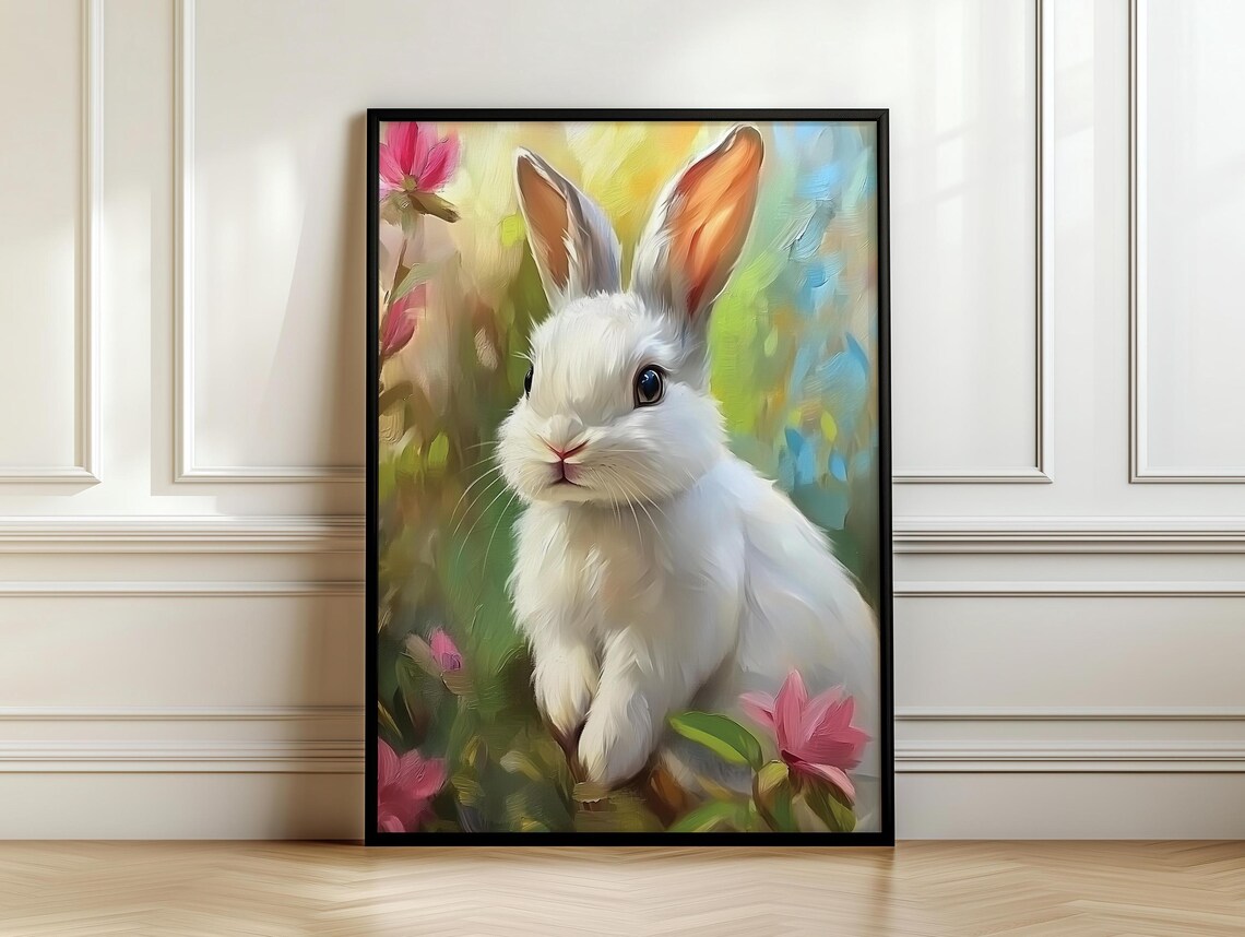 White Bunny Among Pink Blossoms Soft Painterly Spring Garden Animal Wall Art - Image 7
