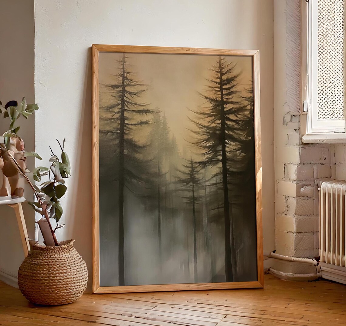 Dark Academia Pine Tree Wall Art Moody Vintage Forest Painting Rustic Masculine Wall Hanging Art - Image 7
