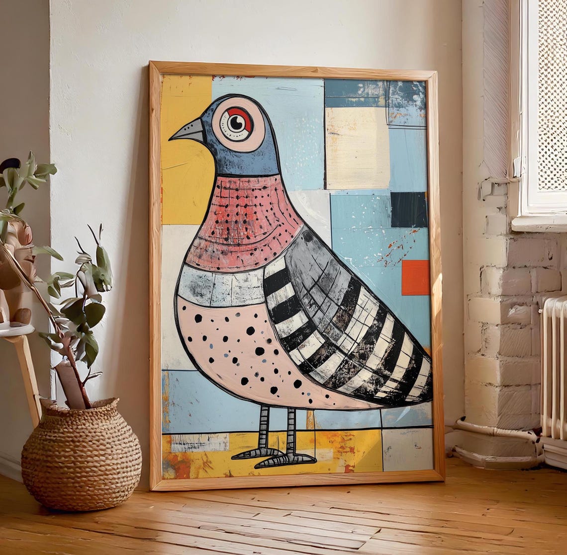 Whimsical Folk Art Pigeon With Geometric Blocks Colorful Poster